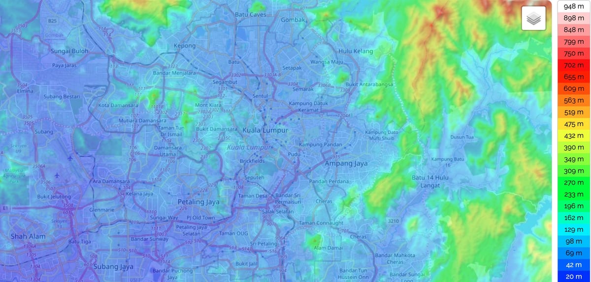 Mapa wysokości Kuala Lumpur (KL)