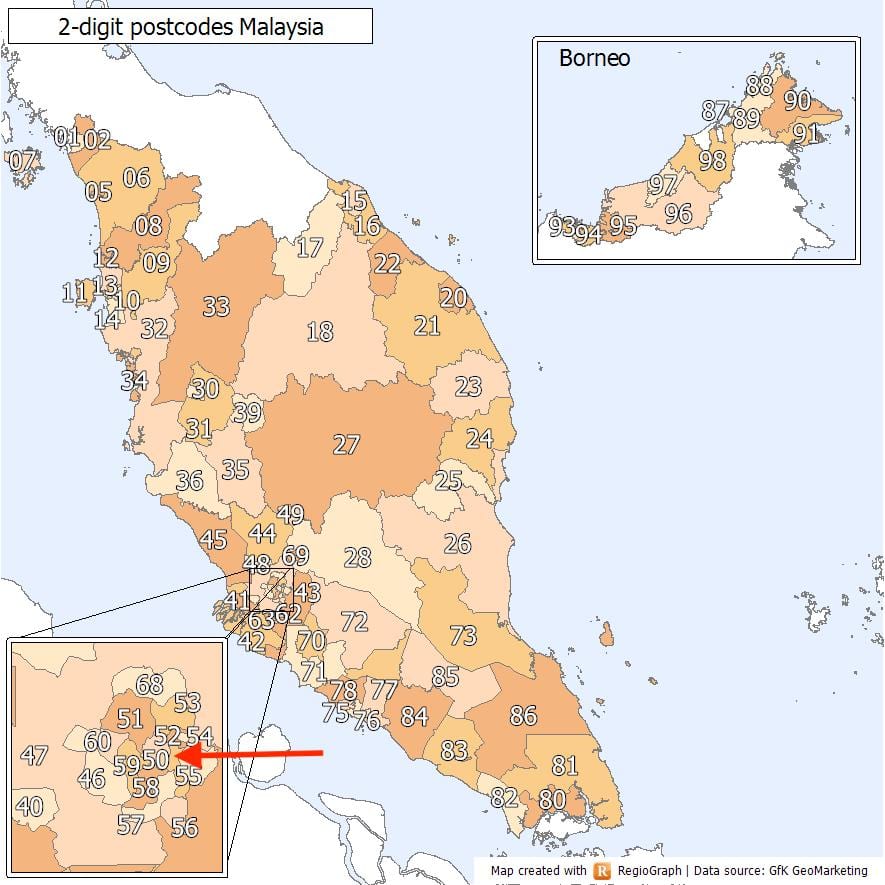 Mapa kodów pocztowych Kuala Lumpur (KL)
